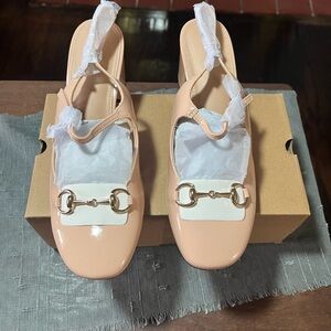 Women’s Peach Patent Slingback Loafers with Gold Bit Accent.  Size:  8.